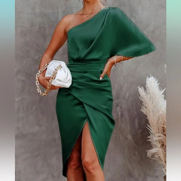 Dresses | Medium Cupshe Womens One Shoulder Flared Sleeve Satin Dress |  Poshmark
